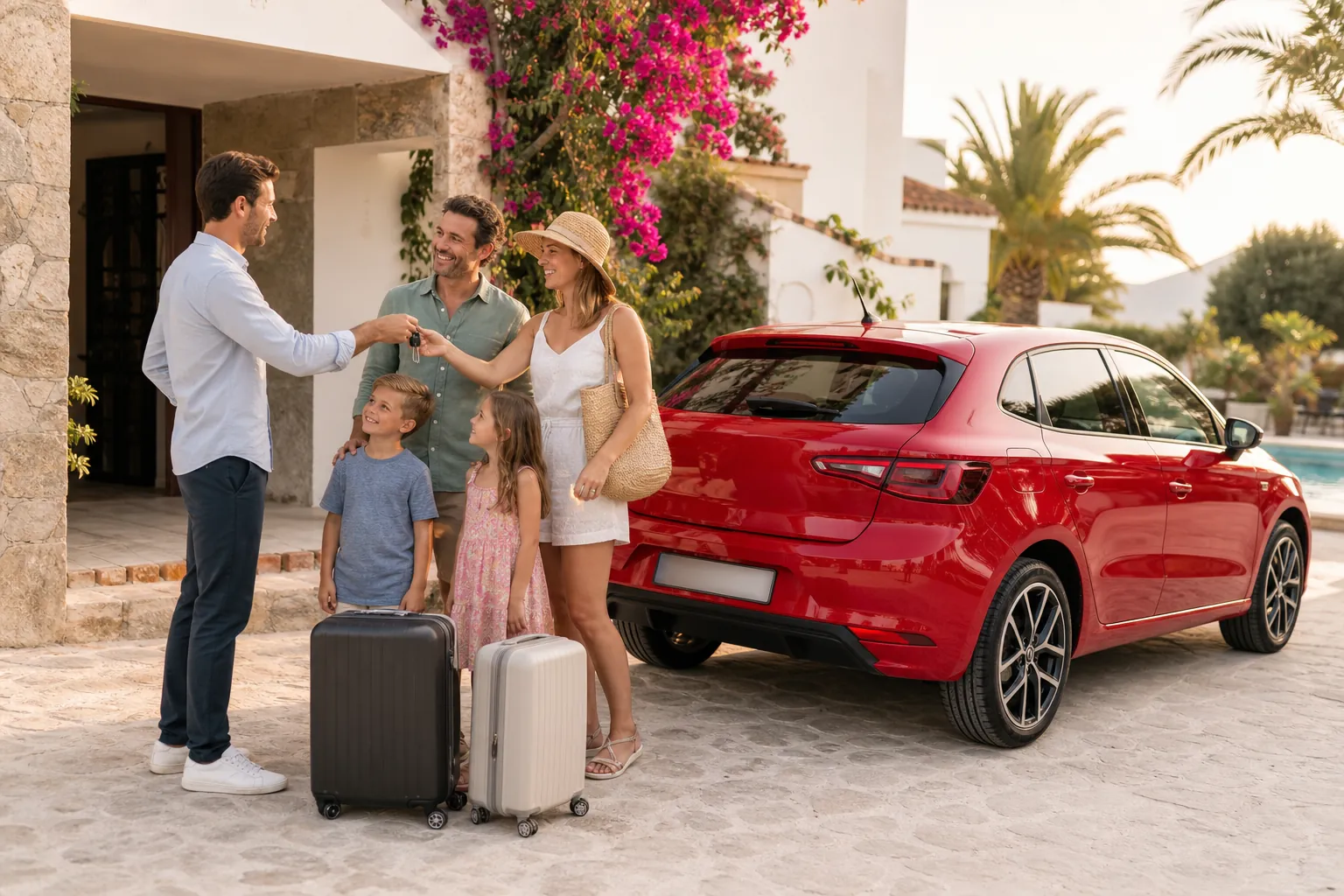 Huéspedes recibiendo las llaves de su coche de alquiler rojo en la puerta de sus apartamentos en la Costa Blanca