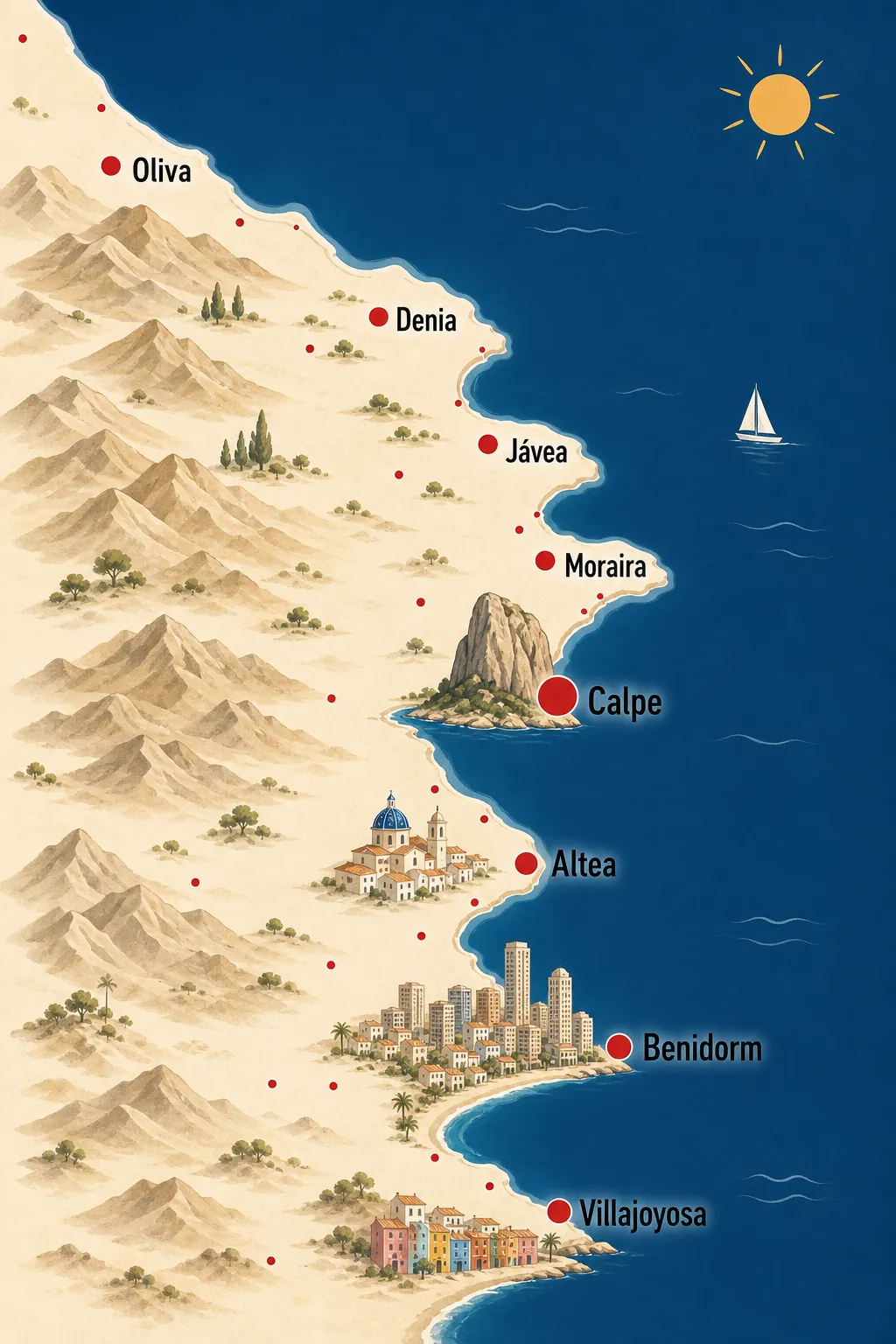 Mapa ilustrado de la Costa Blanca con las zonas donde entregamos coches de alquiler a domicilio, con base en Calpe