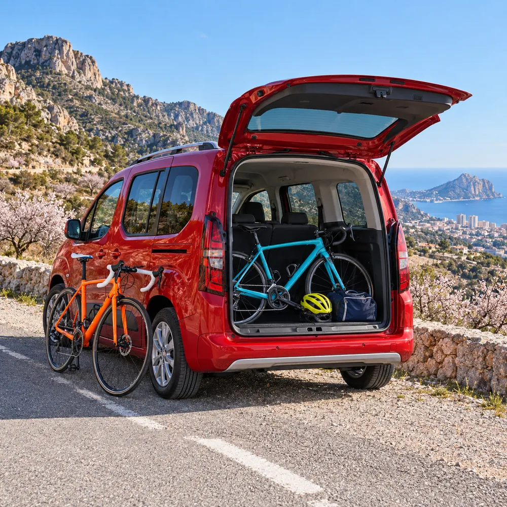 Coche de alquiler con maletero grande y una bicicleta de carretera dentro, en una carretera de montaña de la Costa Blanca