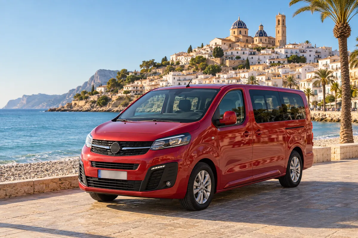 Furgoneta Opel Vivaro roja de 9 plazas de alquiler en el paseo marítimo de Altea, con el casco antiguo y las cúpulas de la iglesia al fondo