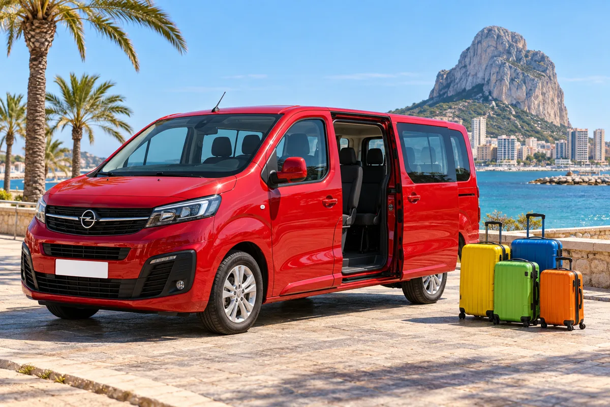 Furgoneta Opel Vivaro roja de 9 plazas de alquiler en Calpe, con el Peñón de Ifach al fondo