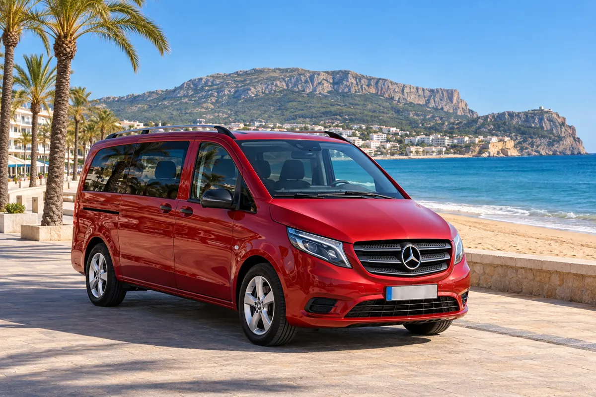 Furgoneta Mercedes Vito roja de 9 plazas de alquiler en el paseo del Arenal de Jávea, con el Montgó y el cabo de San Antonio al fondo