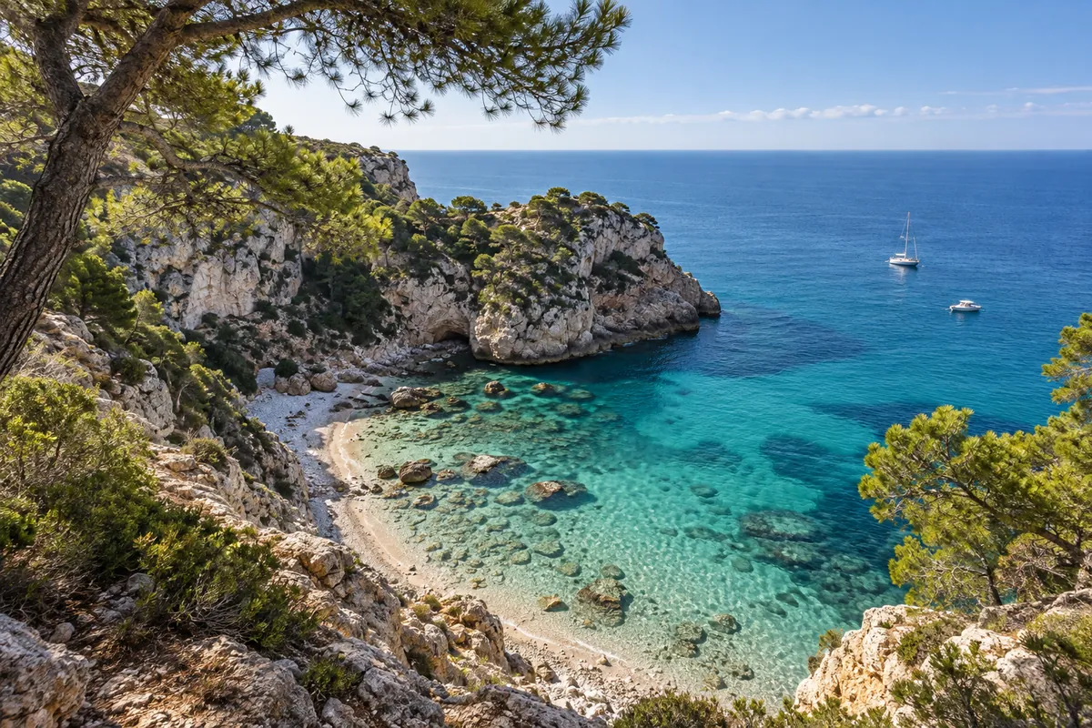 Cala de aguas turquesas entre pinos y acantilados en la costa mediterránea