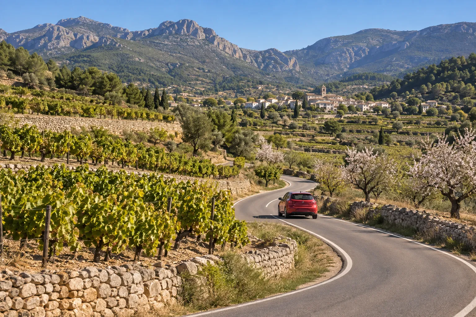 Carretera del Valle de Pop a su paso por Llíber, entre viñedos de moscatel
