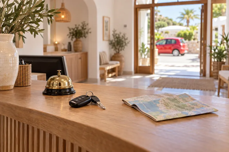Llaves de un coche de alquiler en la recepción de un hotel