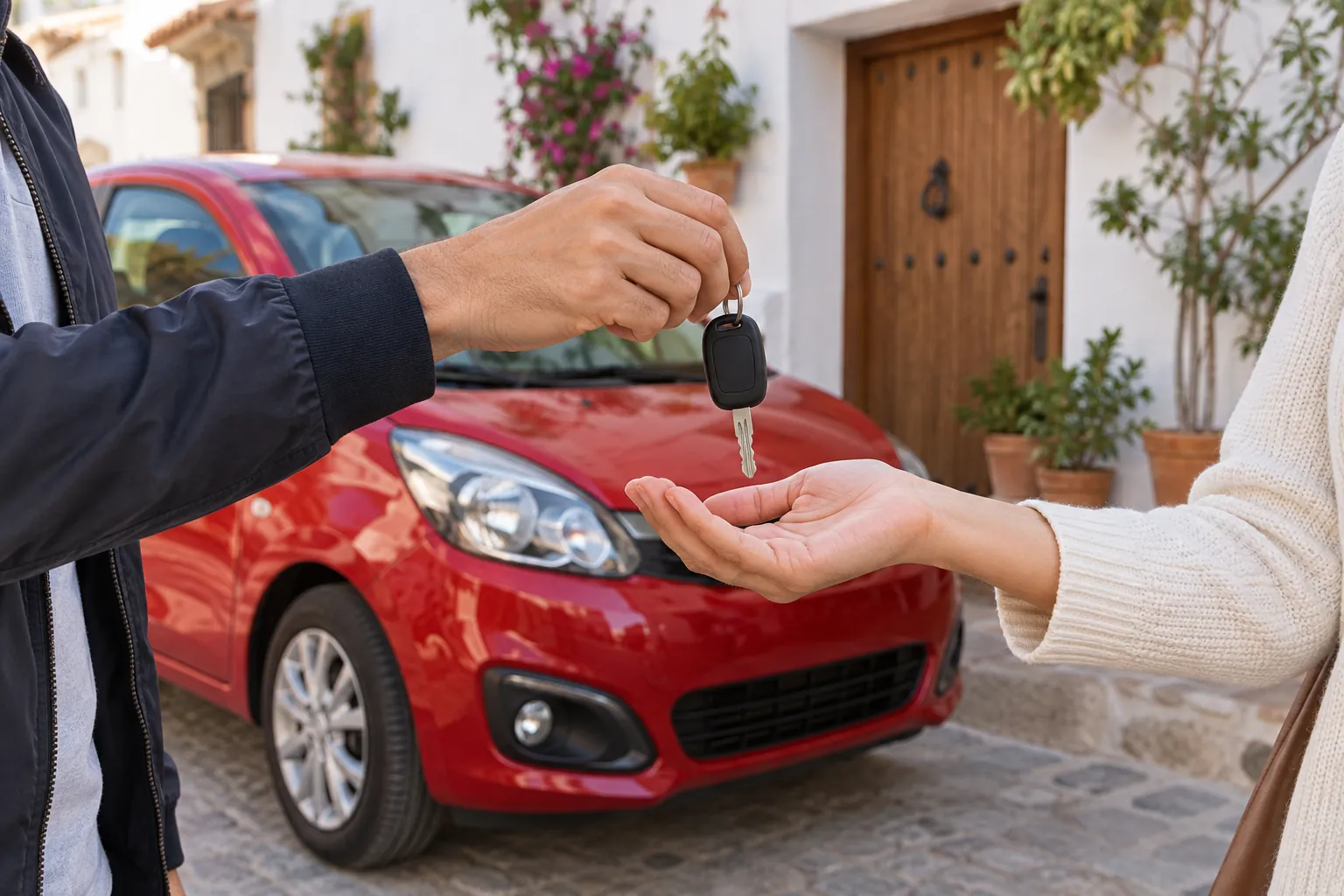 Entrega de las llaves de un coche de alquiler en la puerta del alojamiento, en la Costa Blanca
