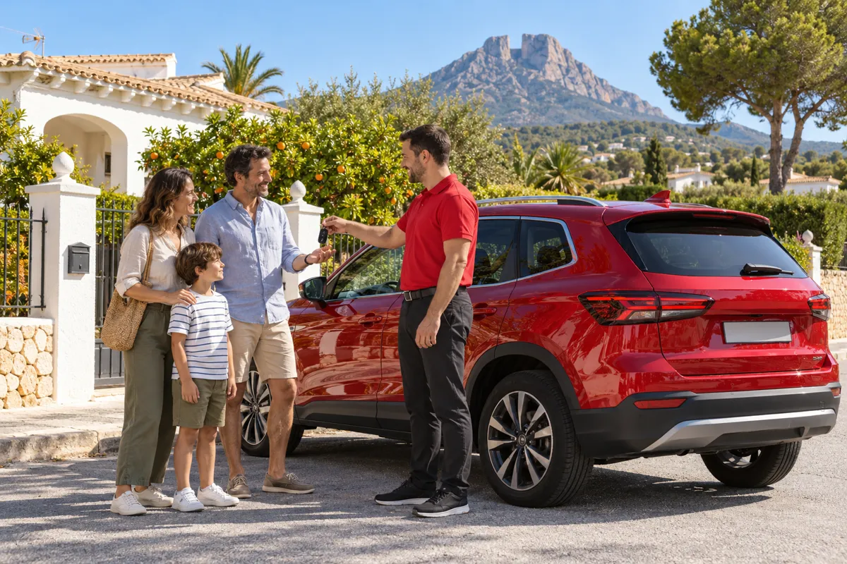 Entrega de las llaves de un SUV de alquiler rojo a una familia en la puerta de un chalé de l'Alfàs del Pi, con el Puig Campana al fondo