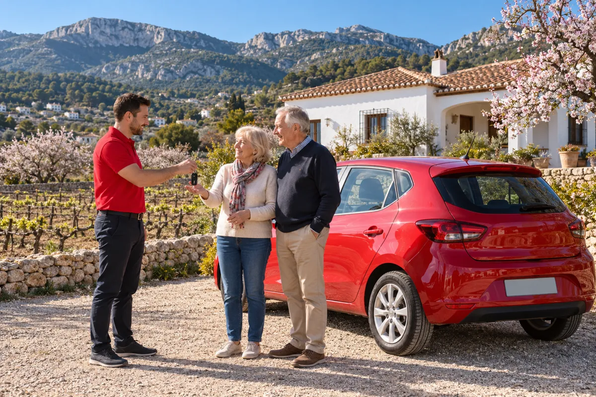 Entrega de las llaves de un coche de alquiler rojo a una pareja delante de un chalé entre viñas y almendros en flor del valle de Jalón